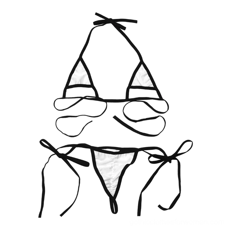 Gothic halter strappy lingerie set line art flat lay, showing adjustable top and tie-side thong construction detail