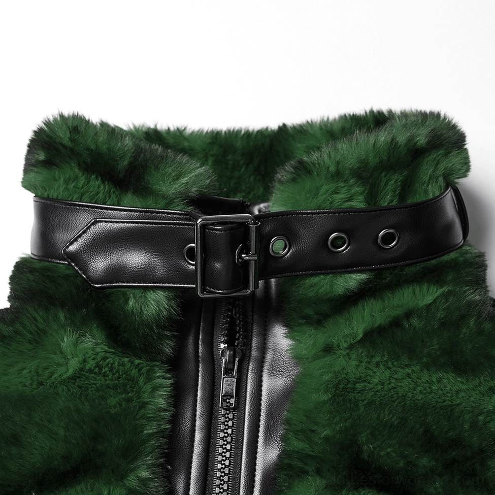 Detailed close-up of gothic jacket collar featuring black leather adjustable buckle strap, center metal zipper, and green faux fur