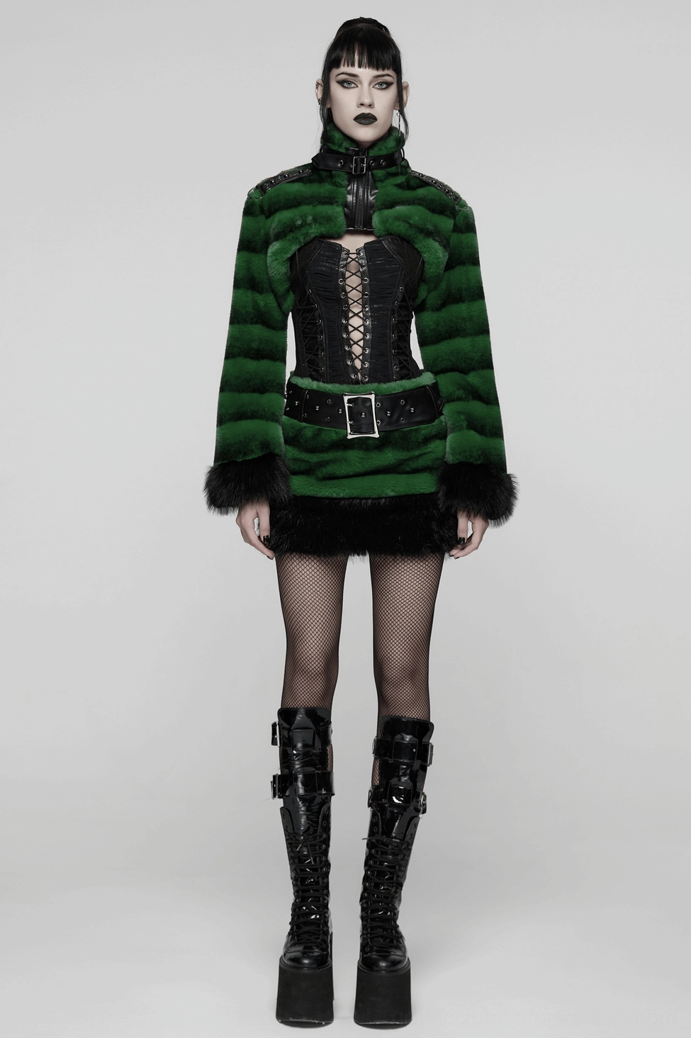 Gothic cropped faux fur jacket detail showing the full construction including studded shoulder straps, striped green and black fur, and architectural design elements