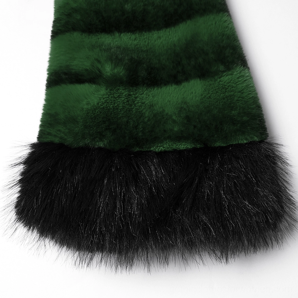 Detailed close-up of gothic faux fur jacket cuff showing fluffy black fur trim against striped green faux fur fabric construction