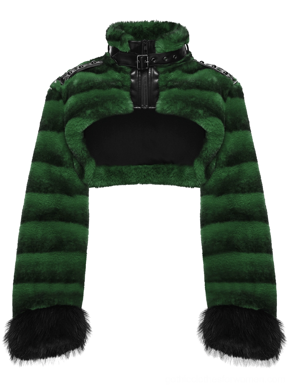 Gothic cropped faux fur jacket front flat view showing high stand collar with adjustable leather loop, metal zipper closure, and black fur cuff details