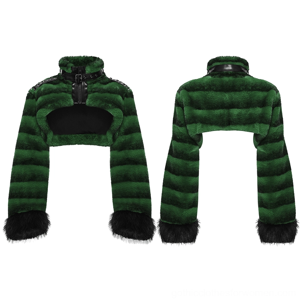 Cropped gothic faux fur jacket flat lay displaying front and rear design, featuring striped green and black faux fur, black fur cuffs, and studded shoulder details