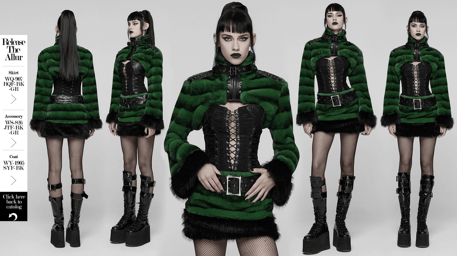 Gothic cropped faux fur jacket product presentation showing complete design with studded shoulder straps, adjustable leather collar, and green-black striped fur