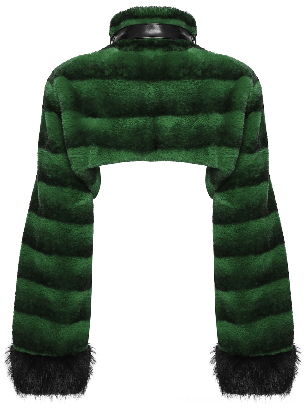 Gothic cropped faux fur jacket rear flat view showing back design with leather high neck, striped green faux fur body, and black fur trimmed cuffs