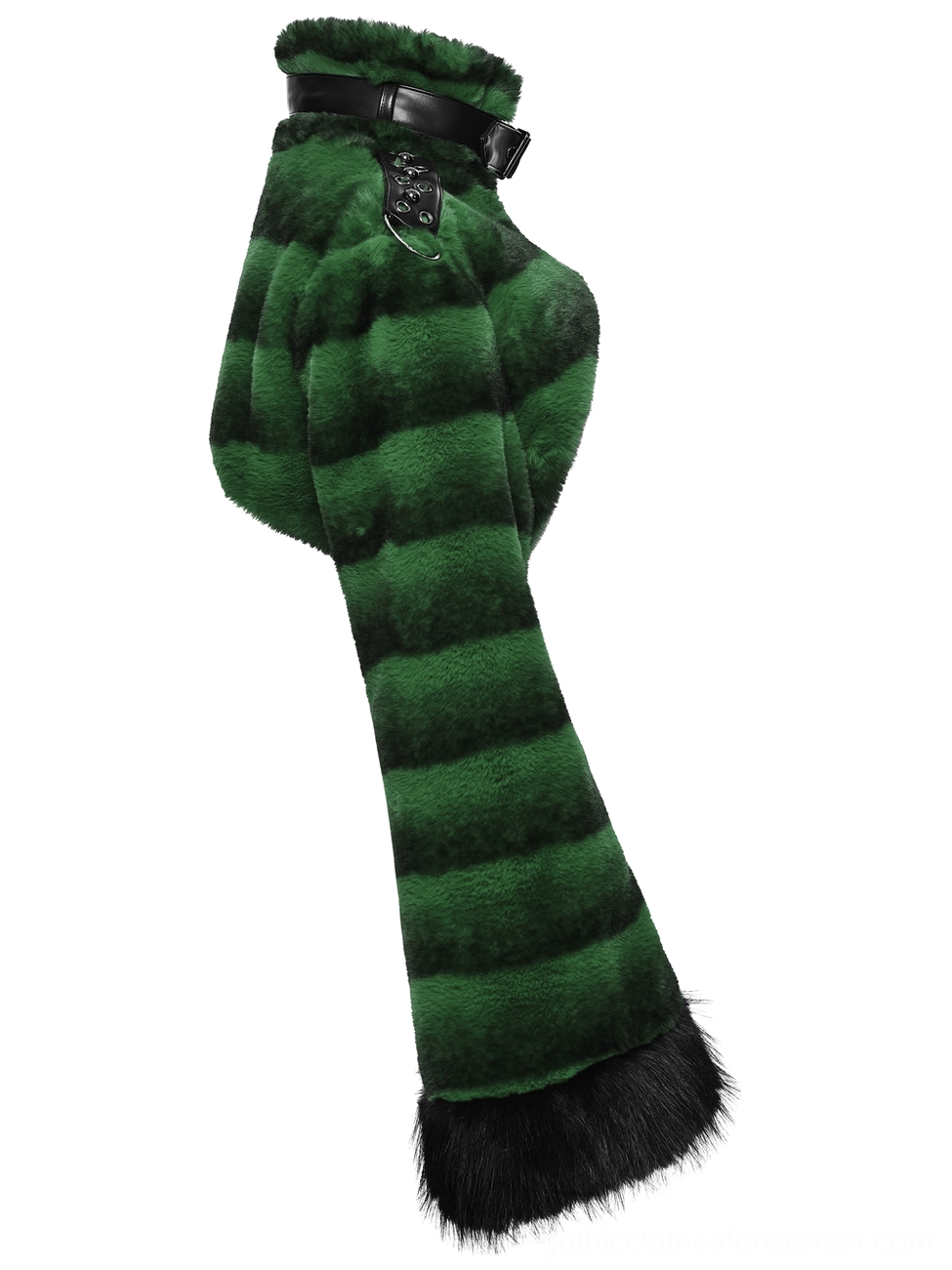 Cropped gothic faux fur jacket side flat view displaying single long sleeve, striped green faux fur texture, and fluffy black fur cuff trim