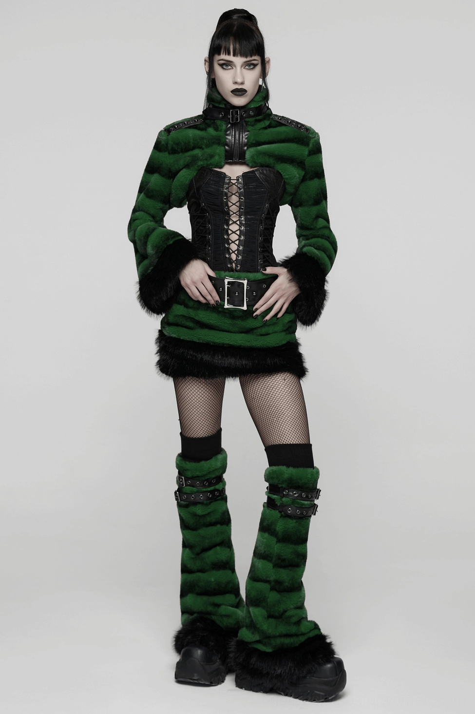 Gothic striped cropped faux fur jacket size comparison display showing XS-S, M-L, and XL-XXL variants with studded leather shoulder straps