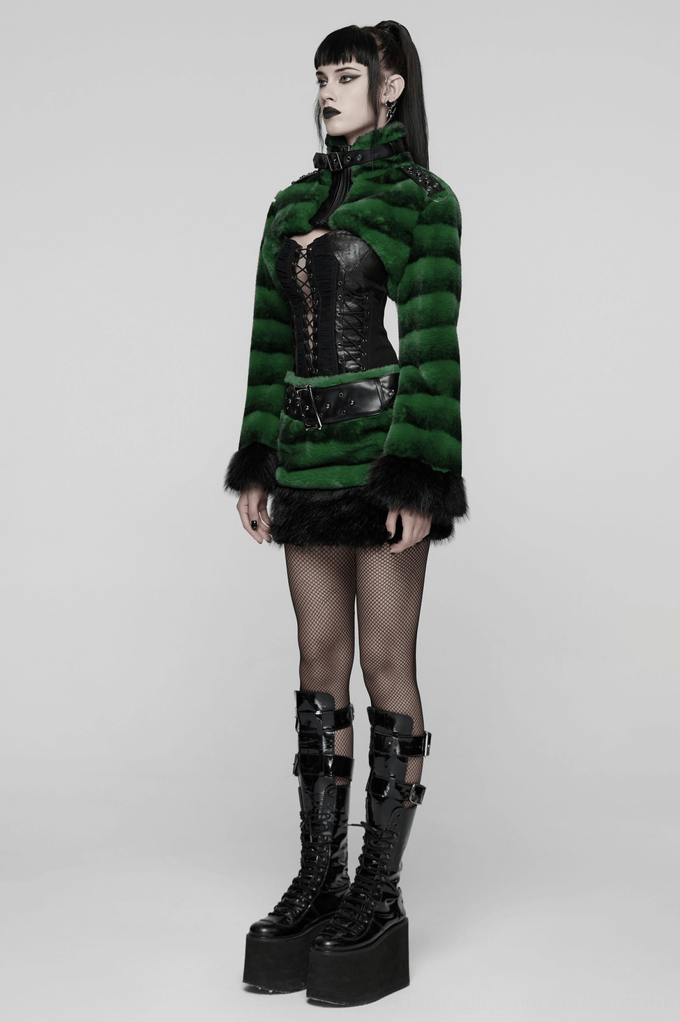 Cropped gothic faux fur jacket texture detail highlighting the soft striped green and black faux fur fabric and premium material quality