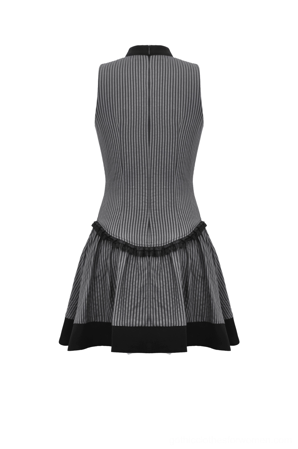 Flat lay back view of striped gothic dress showing solid black back panel and ruffled black hem trim
