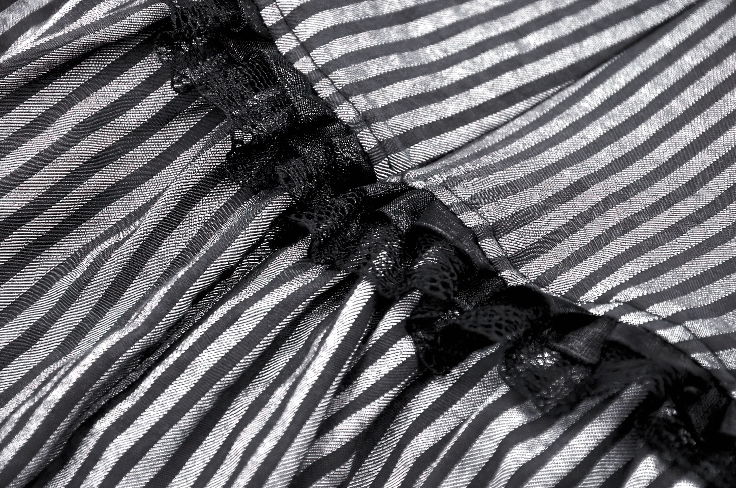 Styling inspiration for black gray striped gothic ruffle dress with alternative fashion accessories and vampire aesthetic