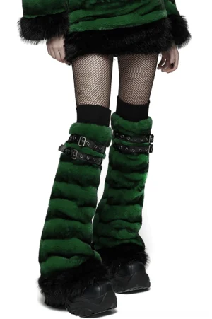 Gothic green and black striped faux fur leg warmers with adjustable buckle straps on model, front low-side view