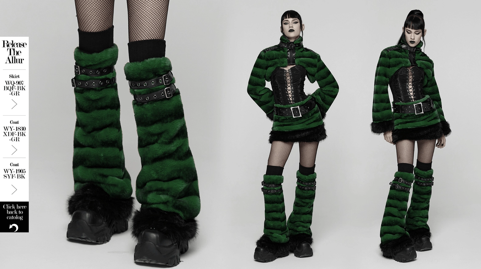 Full view of gothic green striped faux fur leg warmers with adjustable black buckle straps and fur hem