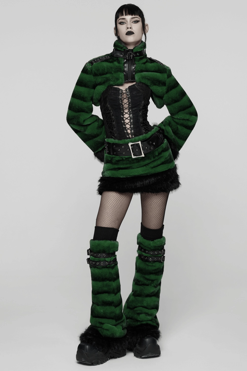 Green and black striped faux fur leg warmers demonstrating adjustable fit and styling versatility
