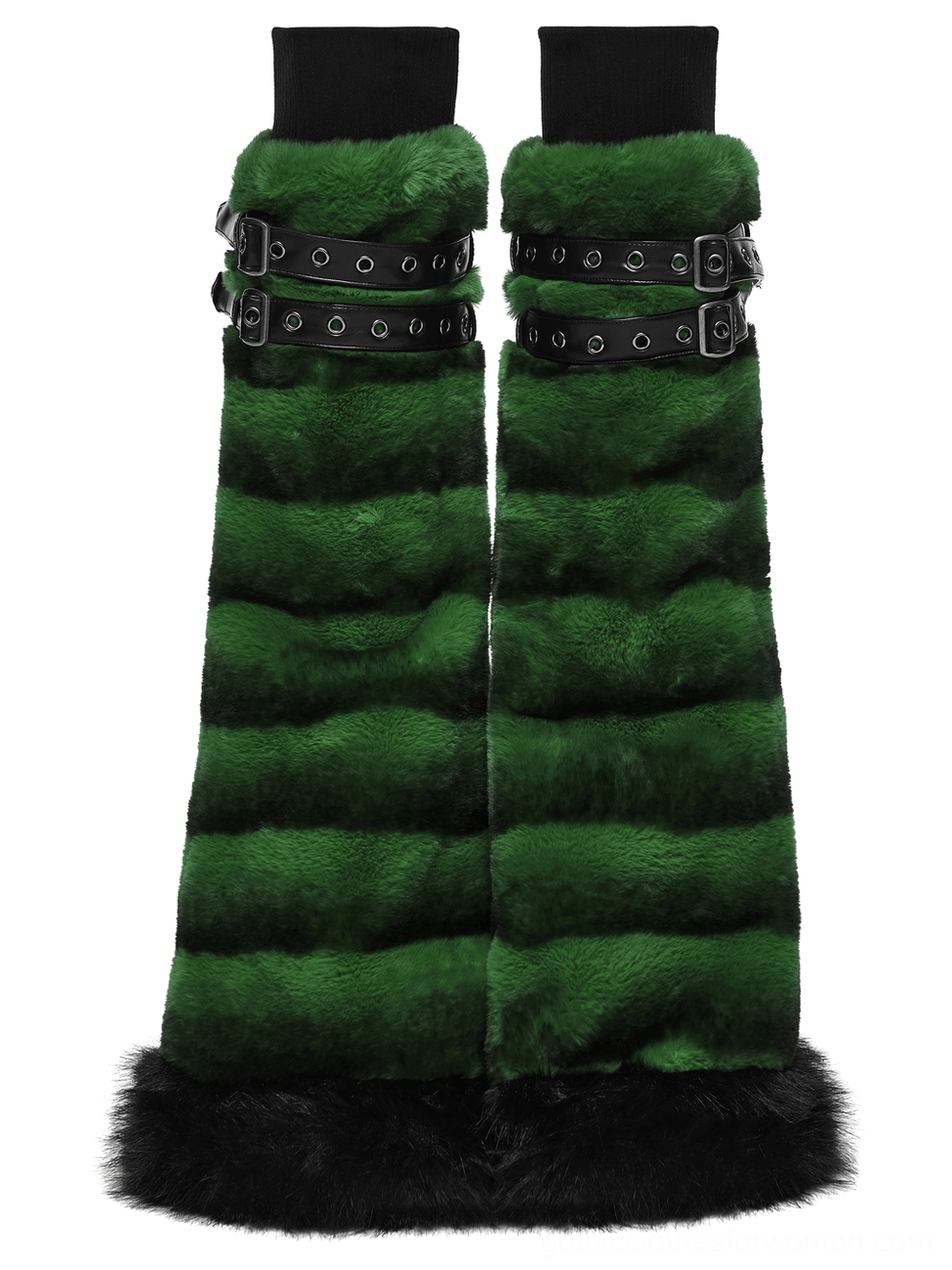 Pair of green and black striped faux fur leg warmers with plush black fur trim, flat lay detail