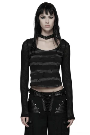 Gothic striped mesh crop top front view on model featuring distressed grey stripes, fishnet sleeves, and attached black buckle choker collar