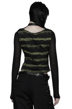 Black-green striped mesh gothic crop top back view on model paired with bondage pants and choker