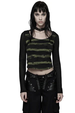 Black-green striped mesh gothic long sleeve top front view on model with distressed tattered details and fishnet sleeves