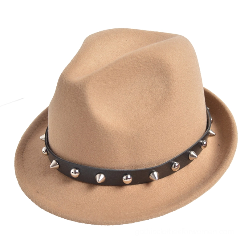 Beige khaki gothic fedora hat featuring spiked studded leather band on matte felt surface, unisex alternative fashion