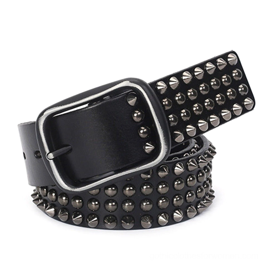 Black Gothic studded leather belt with cone studs and rectangular pin buckle, front angled view