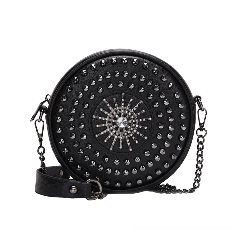 Black studded round crossbody bag front view with rhinestone metal spikes and chain strap