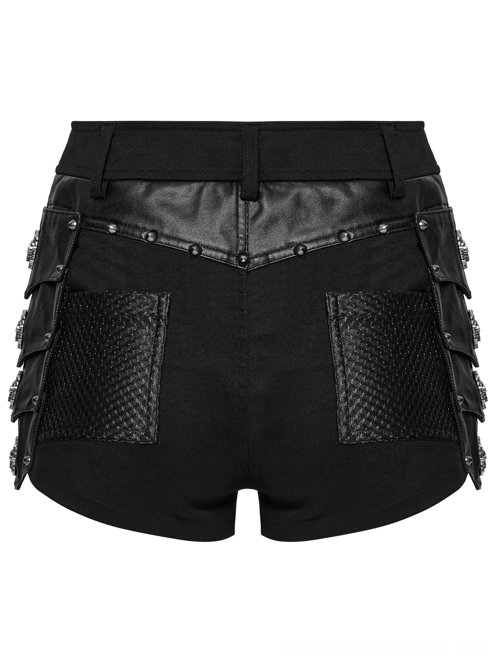 Back flat lay of black studded gothic shorts featuring rivet side trims, two mesh patch pockets, and overall silhouette against white background