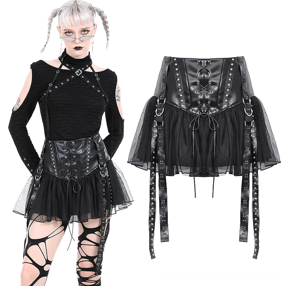 Black lace-up tulle skirt with studded straps shown on model and flat lay display