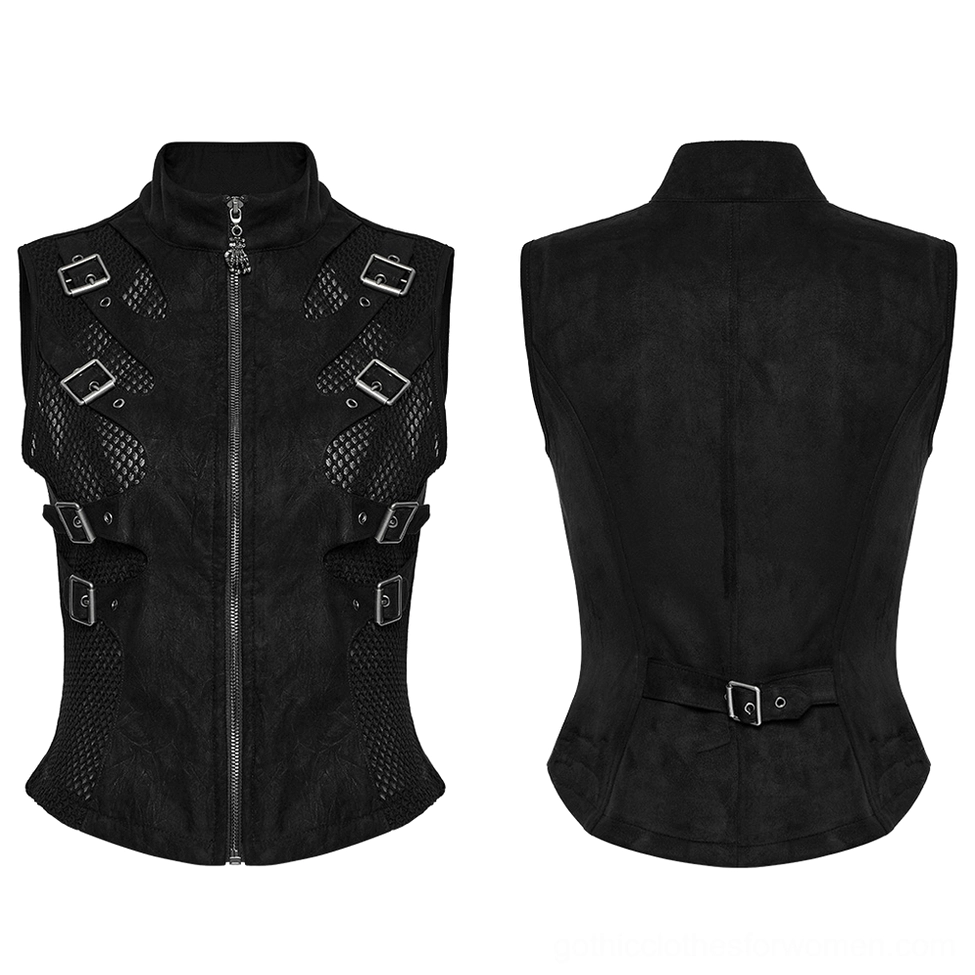 Flat lay product shot of black gothic waistcoat displaying front and back panels, metal buckles, mesh inserts, skeleton cutout details, and structural design