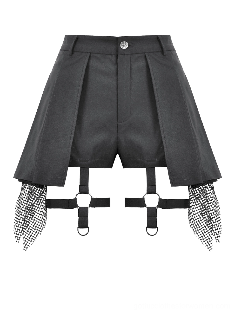 Black gothic suspended shorts with thigh strap embellishments and mesh details, side body view