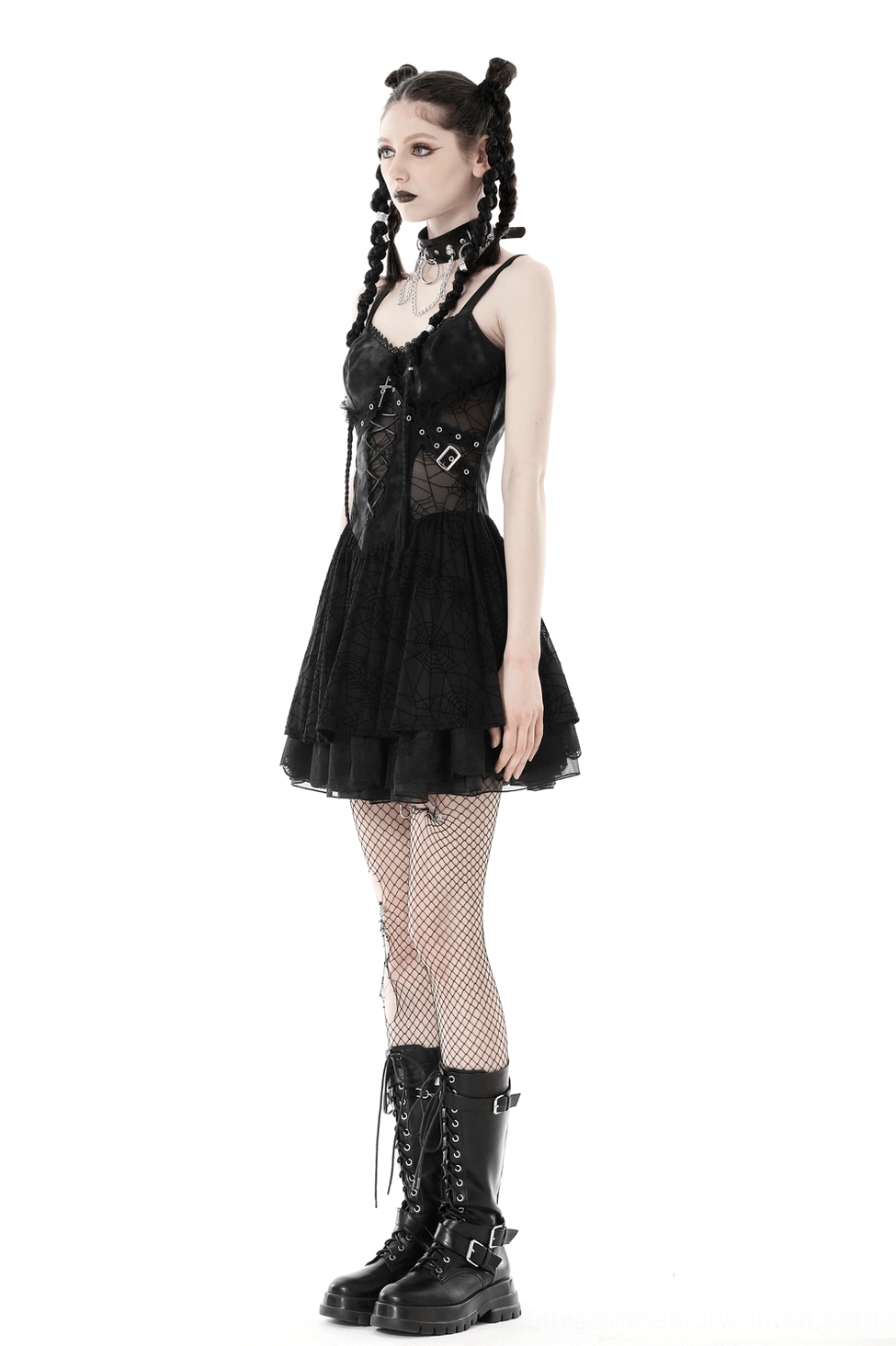 Black gothic suspender dress detail view of suspender strap construction and metal cross buckle accents