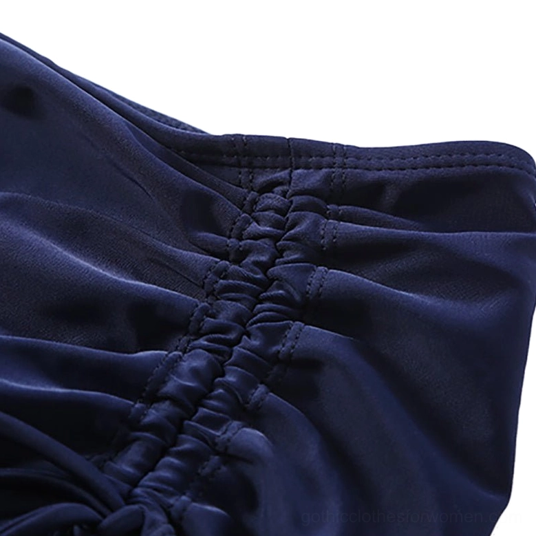 Women's gothic swim skirt side profile showing integrated briefs and waist drawstring mechanism