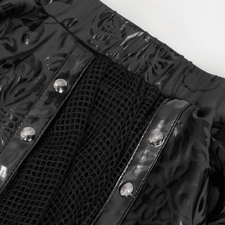 Close-up of gothic floral swimsuit skirt showing mesh fabric panel and mixed silver hardware studs on embossed print