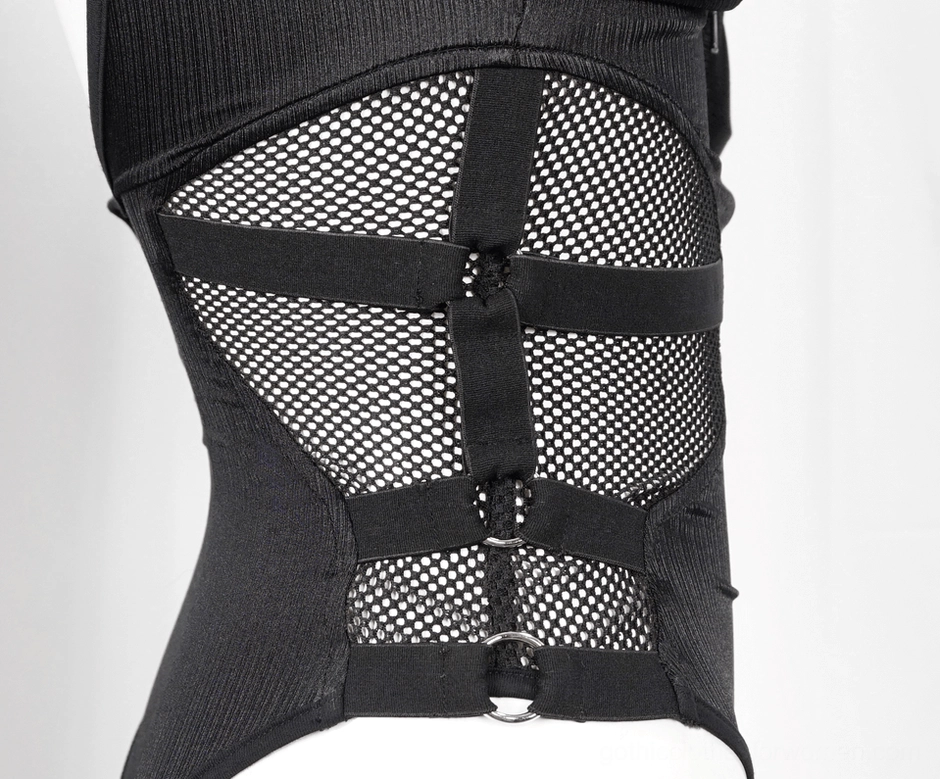 Black gothic swimsuit detail shot showing metal zipper closure and deep V-neckline construction