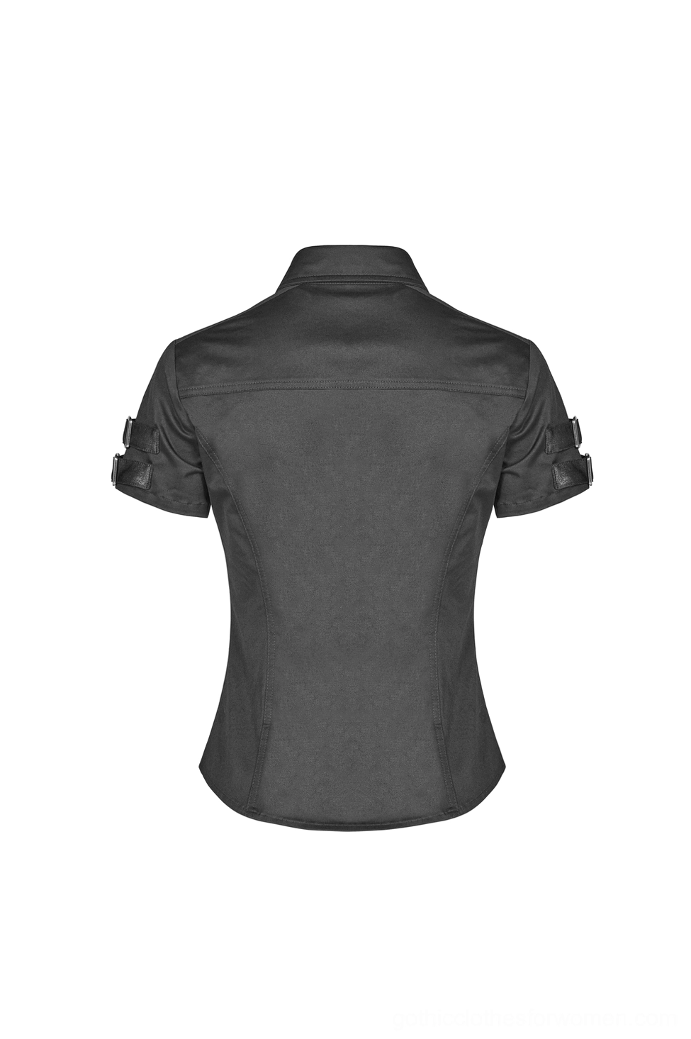 Gothic tactical short-sleeve blouse back flat lay - simple back design with curved hemline and fitted cut details