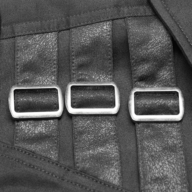 Shoulder strap metal buckle detail on gothic tactical blouse - three aged silver hardware straps on structured shoulder piece