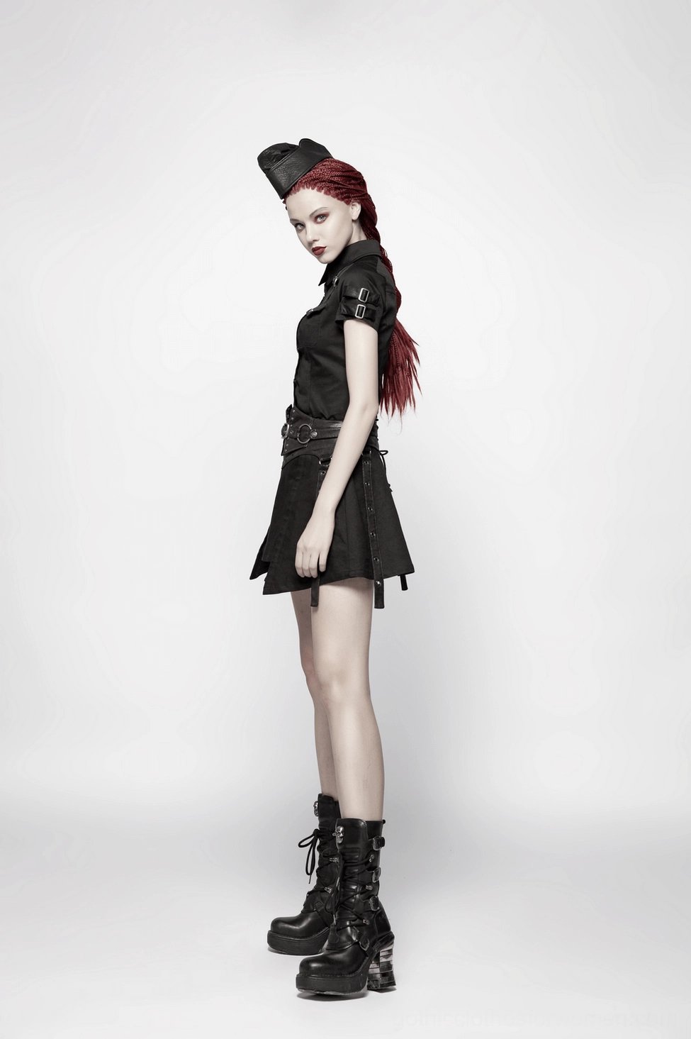 Black tactical gothic blouse waist belt detail - adjustable lace-up configuration with metal hardware accents