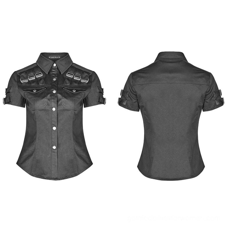 Black gothic tactical short-sleeve shirt flat lay - front and back display showing chest pockets and metal button closures