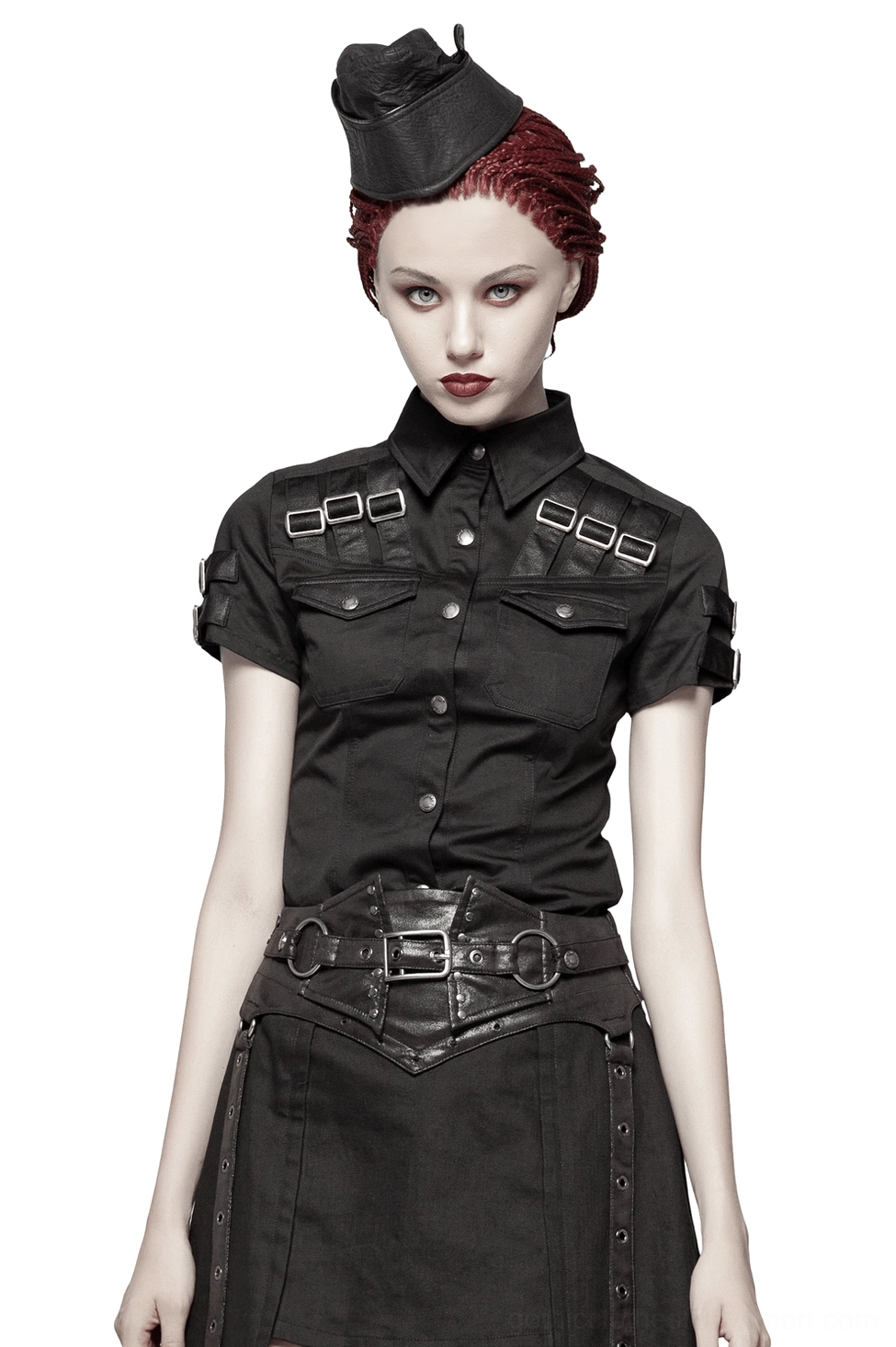 Gothic tactical short-sleeve shirt front view on female model - black button-up shirt with metal shoulder buckle straps