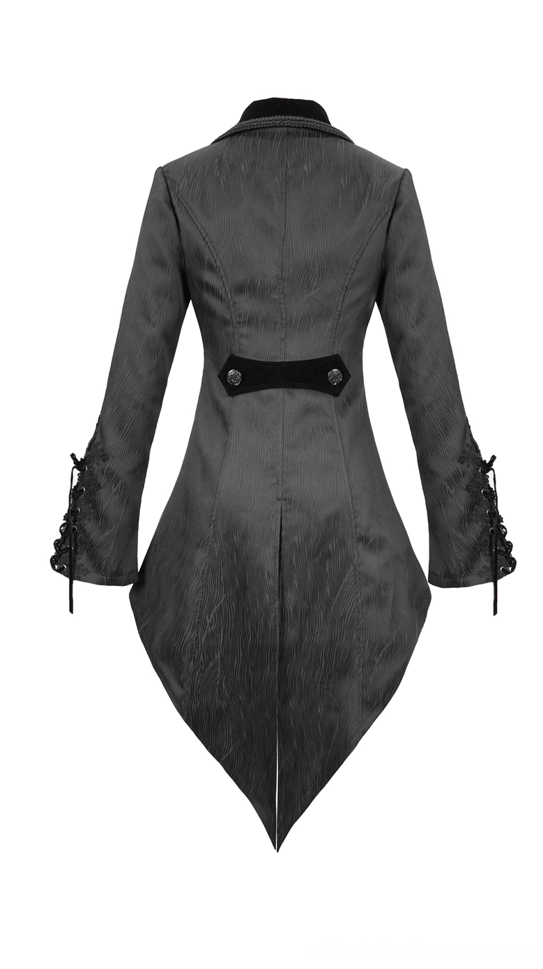 Gothic Tailcoat Back View - Velvet Trim and Split Hem with Lace-Up Cuff Details