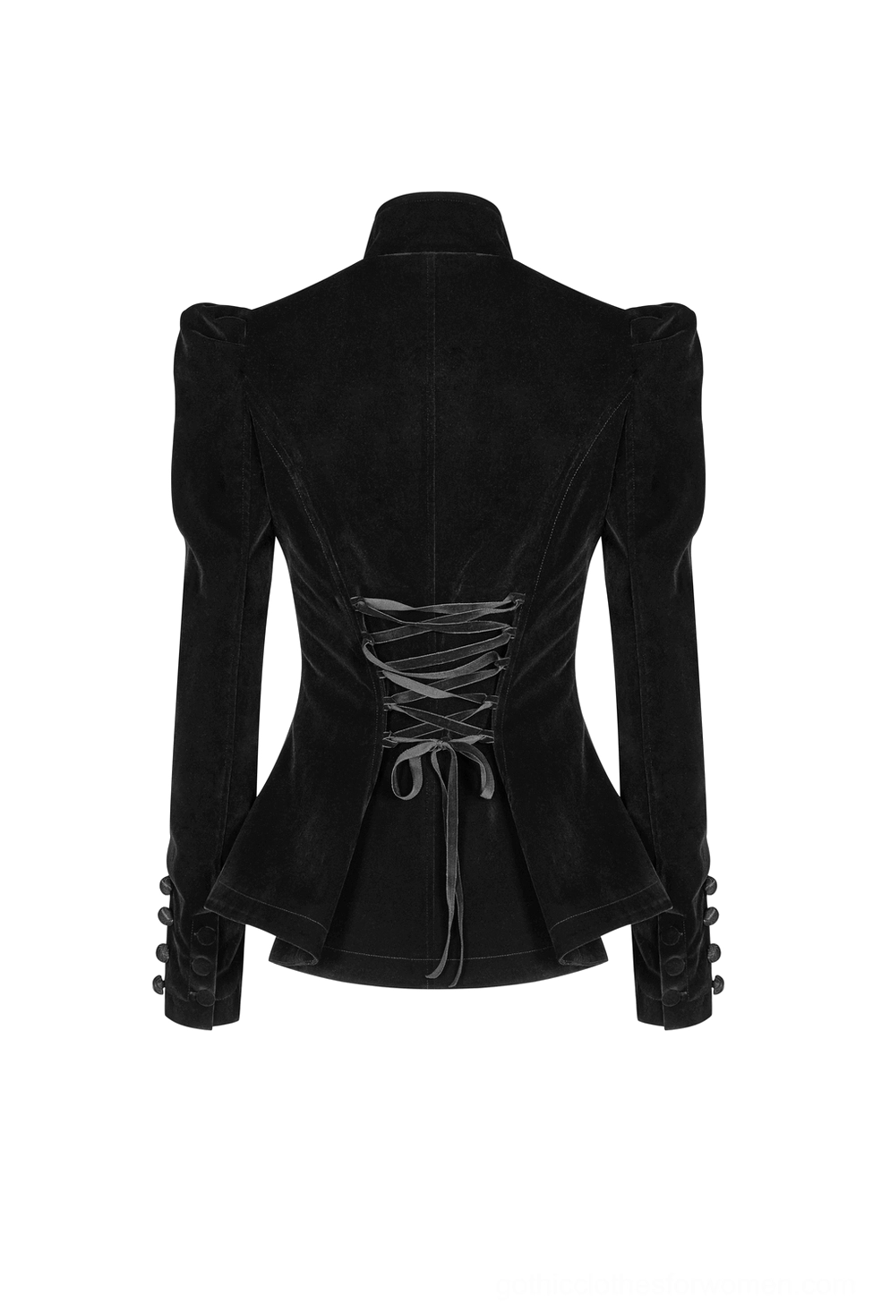 Rear flat lay of black Gothic velvet tailcoat displaying corset lace-up back closure with velvet ribbon and structured shoulder construction
