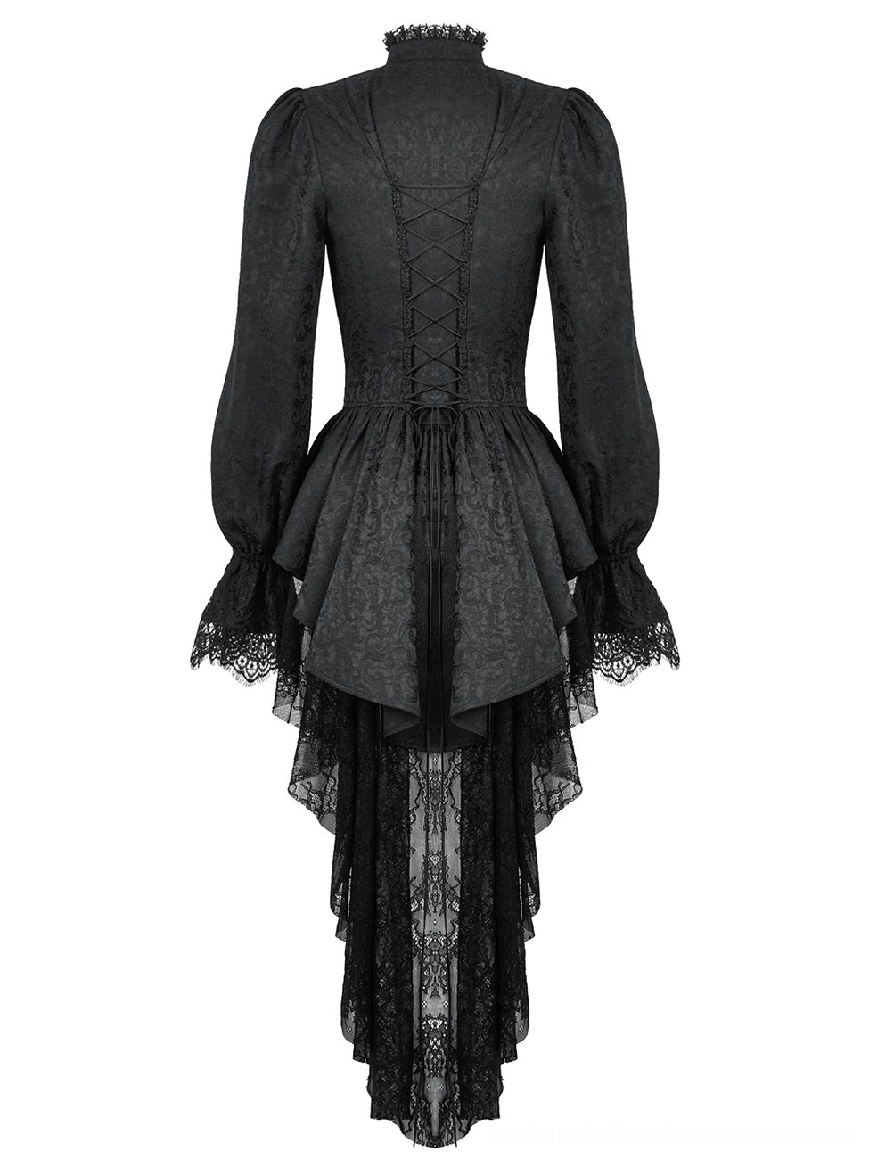 Back view of gothic lace tailcoat showing laced corset closure and cascading high-low train