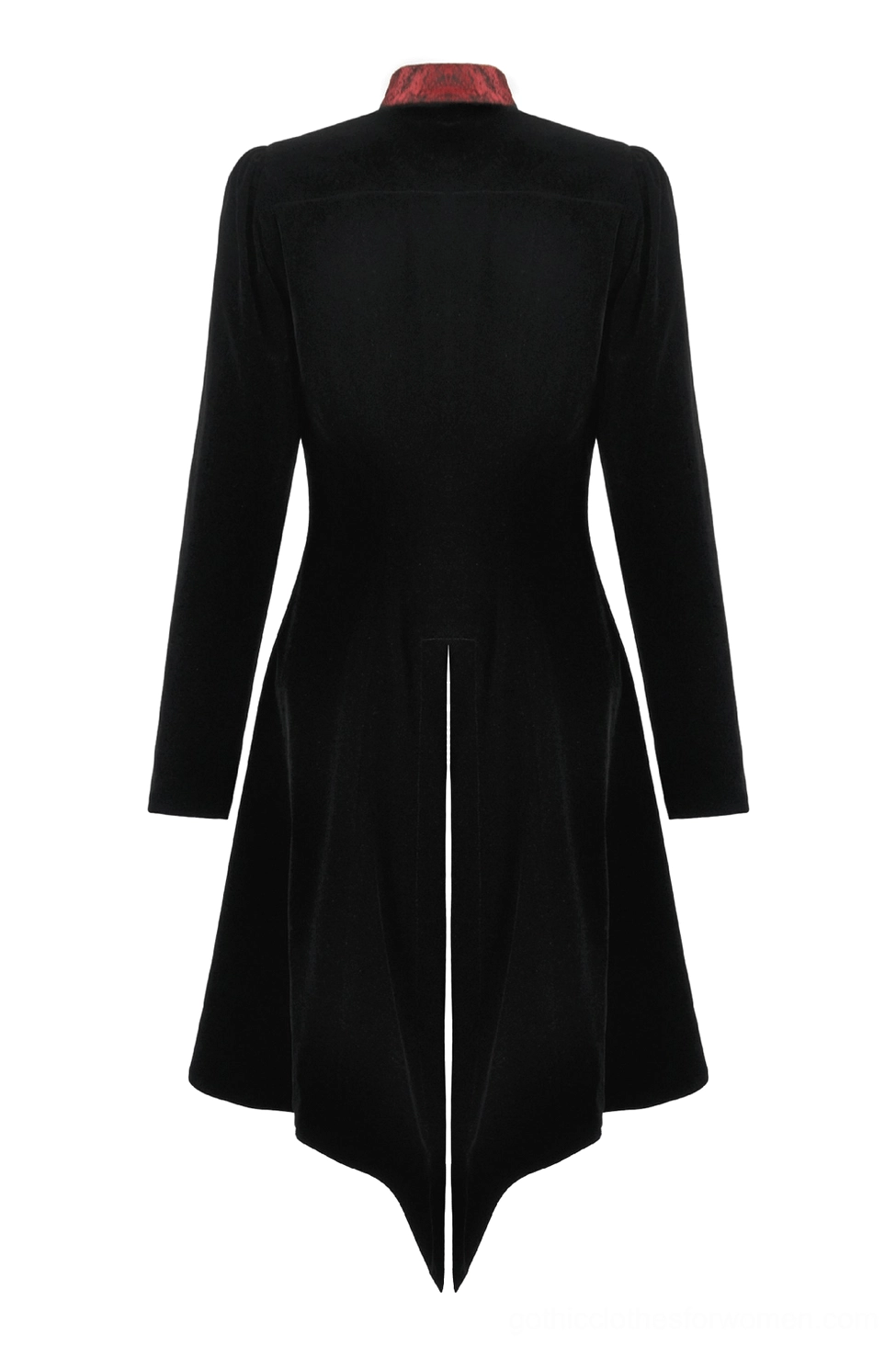 Black velvet tailcoat back view flat lay showing central split tail design and clean velvet finish