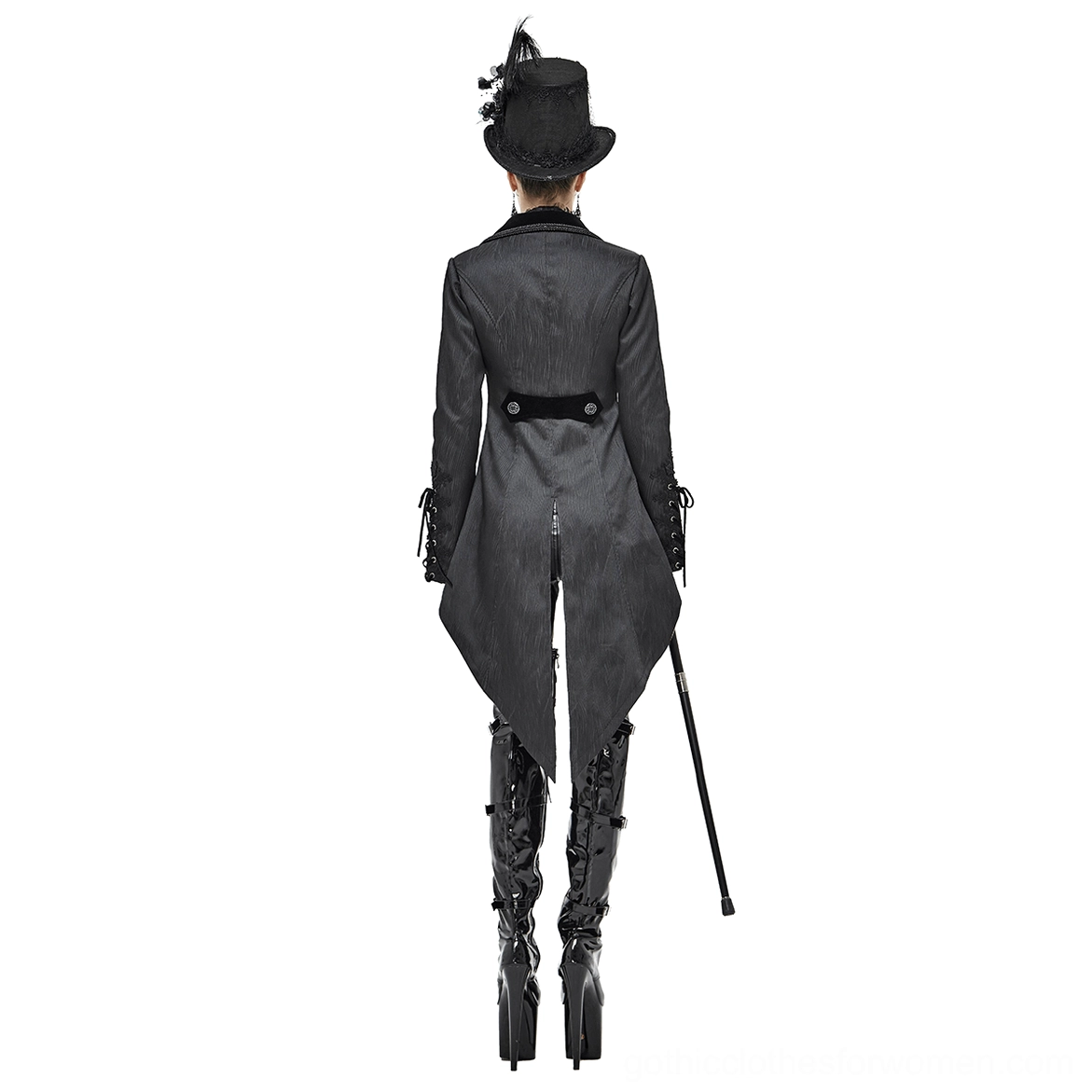 Black Gothic Tailcoat with Split Tail Hem - Full Back View Showing Rear Waist Strap