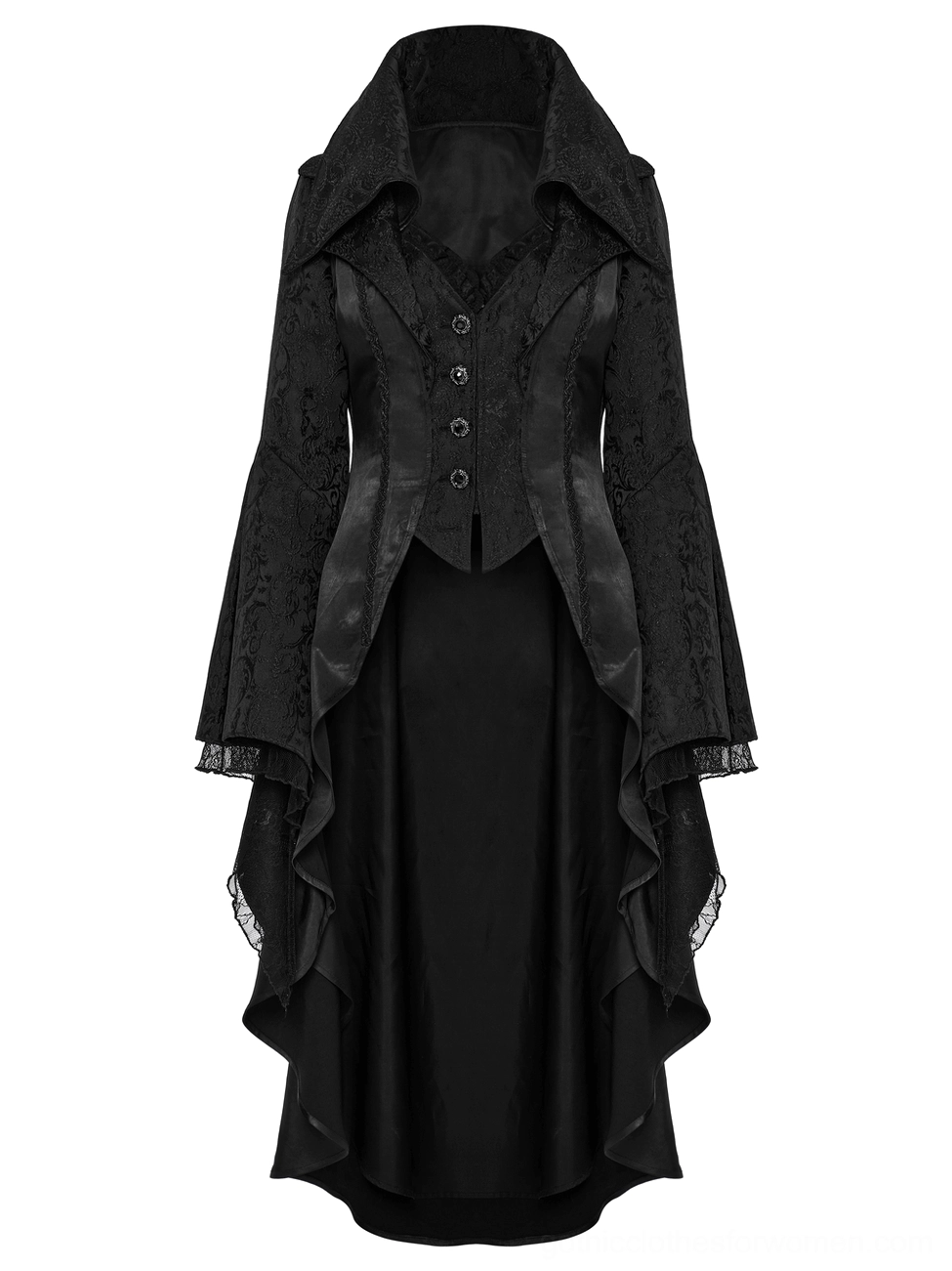 Ornate decorative button on gothic tailcoat with jacquard fabric close-up
