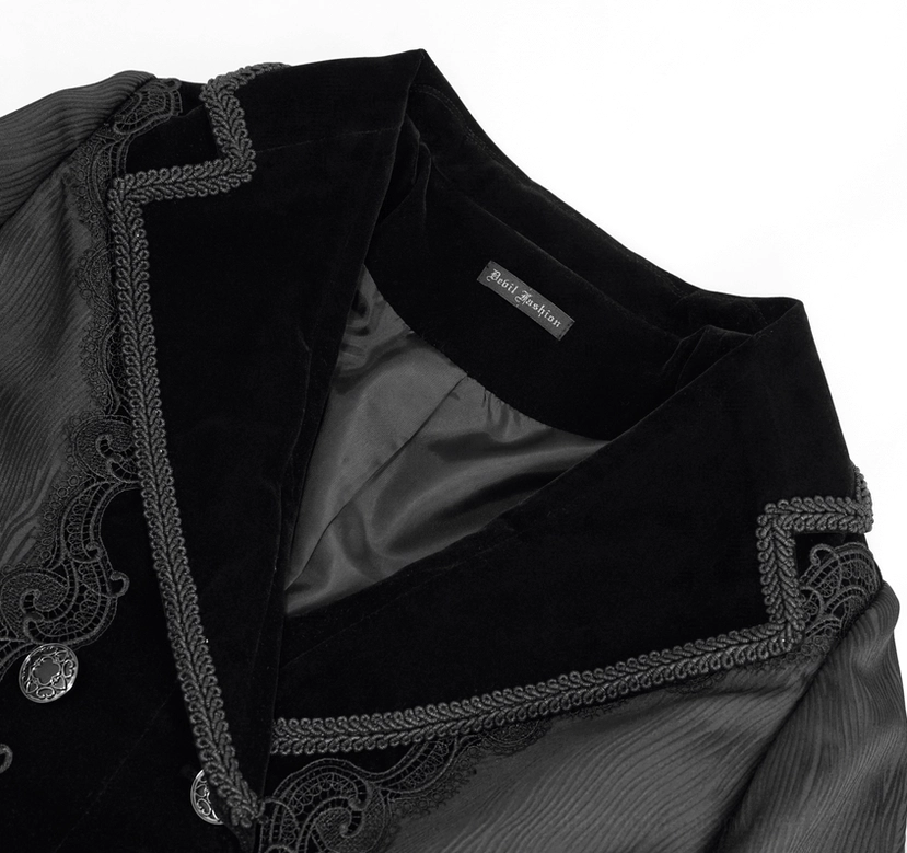 Black Tailcoat Velvet Collar Detail - Ornate Silver Metal Buttons and Embroidered Lace