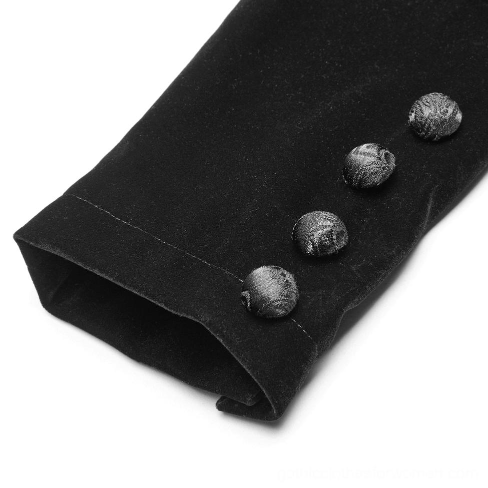 Close-up detail of Gothic tailcoat cuff featuring four round fabric buttons and velvet material craftsmanship
