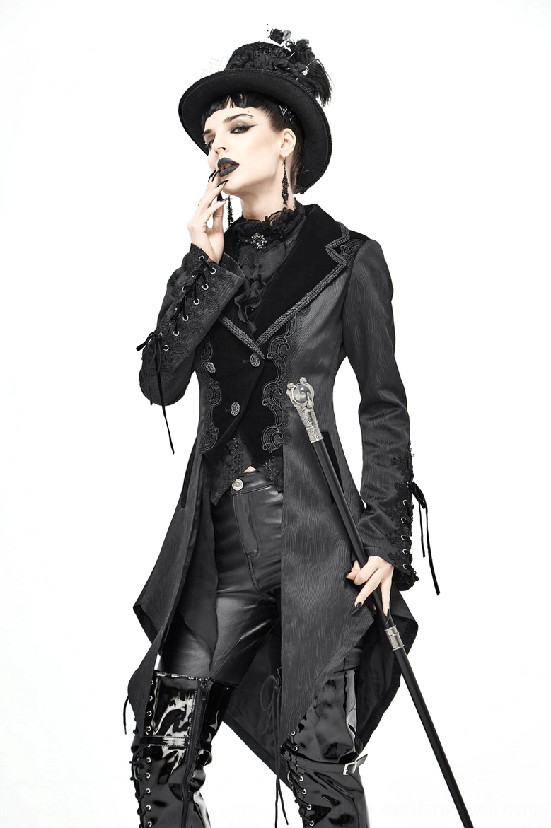 Gothic Tailcoat with Embroidered Lace Inserts - Alternative Fashion Evening Wear