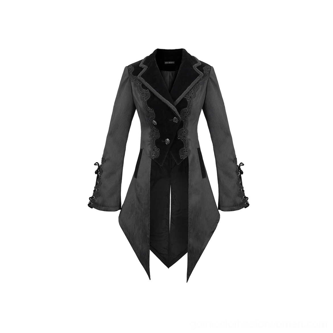Black Victorian Velvet Tailcoat with Embroidered Lace - Front Three-Quarter on Mannequin