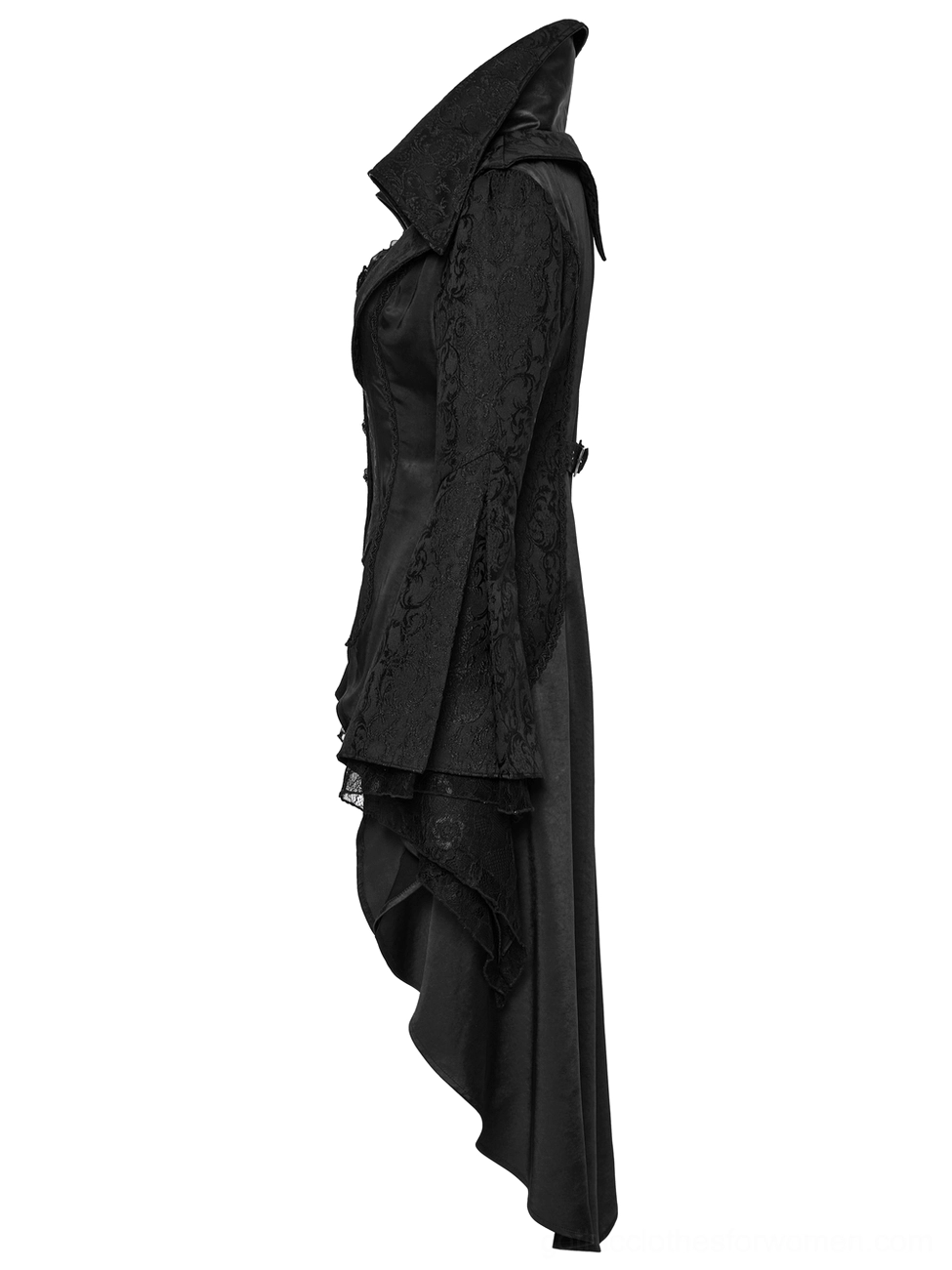 Gothic tailcoat layered flared sleeves and high collar side profile