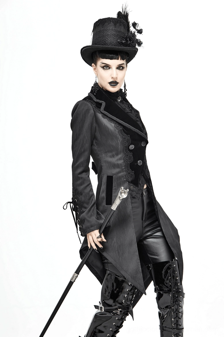 Black Jacquard Velvet Tailcoat - Front Closure and Button Placement Detail View