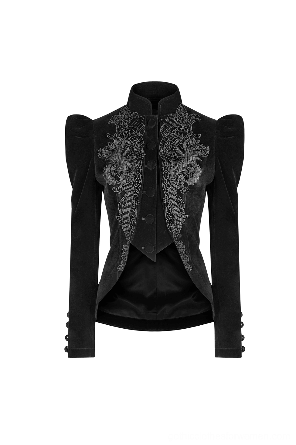 Front flat lay of black Gothic velvet tailcoat featuring stand collar, puff sleeves, ornamental cuff buttons, and intricate chest embroidery