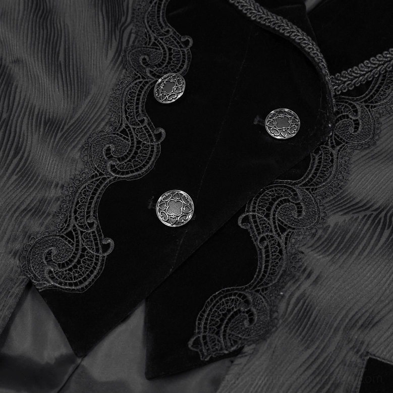 Gothic Tailcoat Front Placket - Ornate Metal Buttons and Intricate Lace Embroidery Detail
